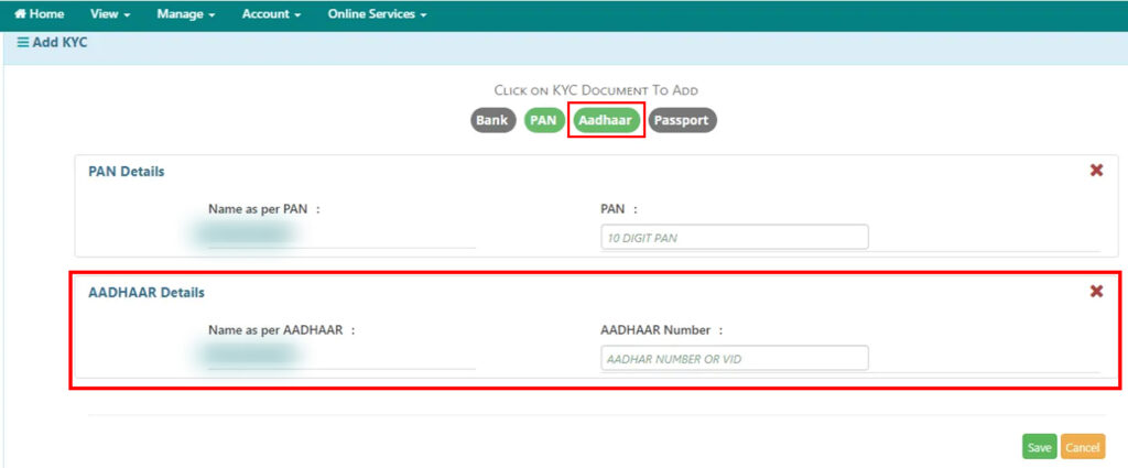 Add KYC section, choose Aadhaar