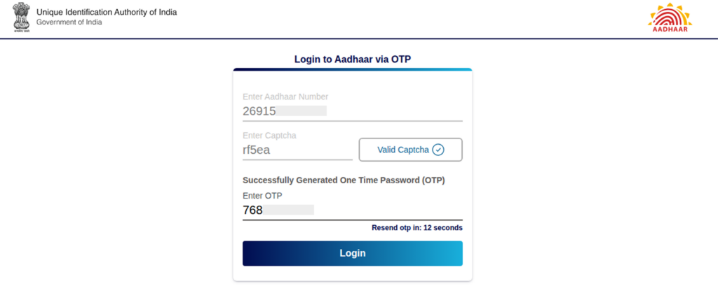 enter Aadhaar number and the captcha code and enter otp
